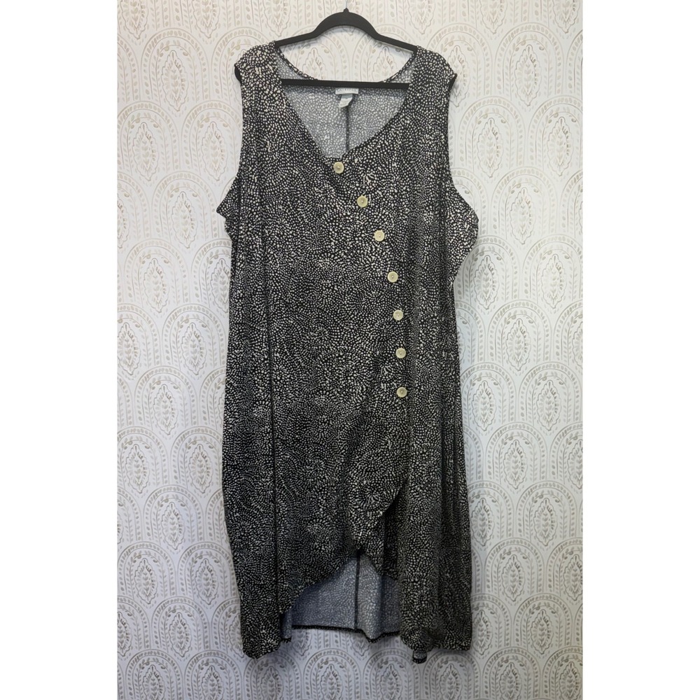 Catherines Midi Dress Womens 5X Black White Dot Button Detail Sleeveless Stretch